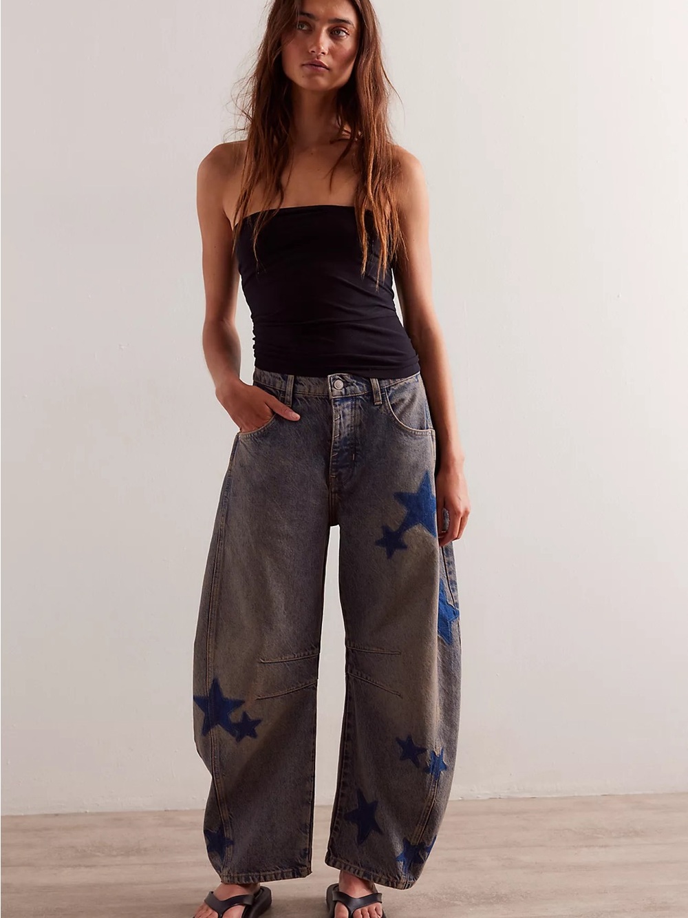 We The Free Gray Wide-Leg Jeans with Blue Star Print
